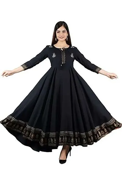 D S Enterprises Womens Border Embroidered Rayon Anarkali Kurta Gown/Embroidered Anarkali Kurta for Wedding/Solid Anarkali Kurta for Women/Flared Anarkali Gown for Women