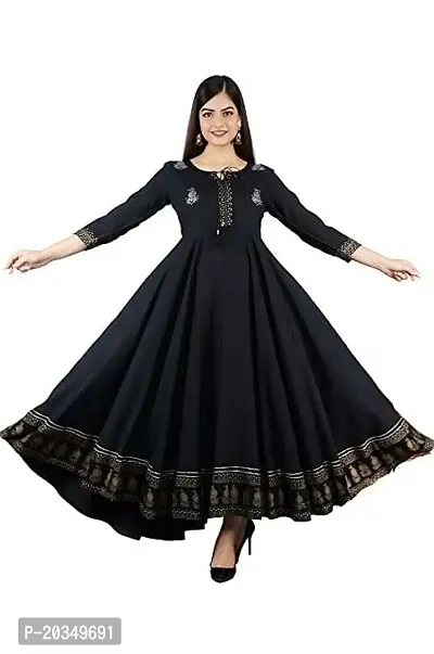 D S Enterprises Womens Border Embroidered Rayon Anarkali Kurta Gown/Embroidered Anarkali Kurta for Wedding/Solid Anarkali Kurta for Women/Flared Anarkali Gown for Women Black