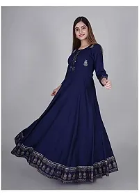 D S Enterprises Womens Border Embroidered Rayon Anarkali Kurta Gown/Embroidered Anarkali Kurta for Wedding/Solid Anarkali Kurta for Women/Flared Anarkali Gown for Women Blue-thumb1