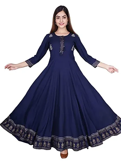 D S Enterprises Womens Border Embroidered Rayon Anarkali Kurta Gown/Embroidered Anarkali Kurta for Wedding/Solid Anarkali Kurta for Women/Flared Anarkali Gown for Women