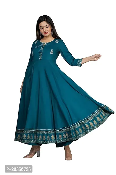 D S Enterprises Women' Embroidered Border Rayon Anarkali Kurta|Gown for Women|Flared Kurta for Women (S, T Blue)-thumb3