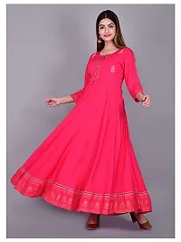 D S Enterprises Womens Border Embroidered Rayon Anarkali Kurta Gown/Embroidered Anarkali Kurta for Wedding/Solid Anarkali Kurta for Women/Flared Anarkali Gown for Women Pink-thumb1