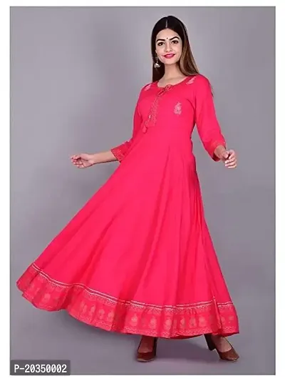 D S Enterprises Womens Border Embroidered Rayon Anarkali Kurta Gown/Embroidered Anarkali Kurta for Wedding/Solid Anarkali Kurta for Women/Flared Anarkali Gown for Women Pink-thumb2