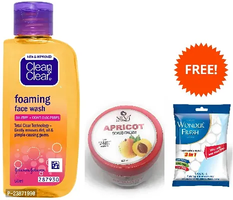 Clean  Clea foaming Face Wash-1   Silvi Apricot Scrub Cream-1 P2  Free Wonder fresh naphthalene balls