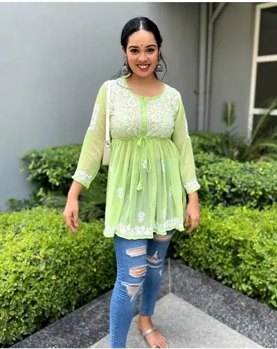 Reliable Green Georgette Chikankari Tops For Women
