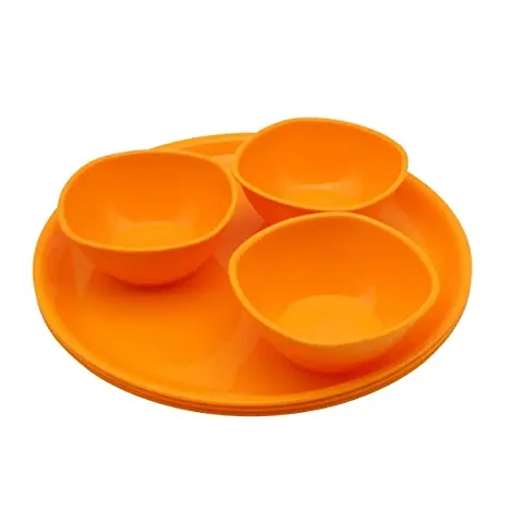 6 Pcs. Microwave Safe Standard Dinner Set with Unbreakable Round Full Plates and Bowls - Pack of 3 Plates and 3 Bowl Set (Orange)