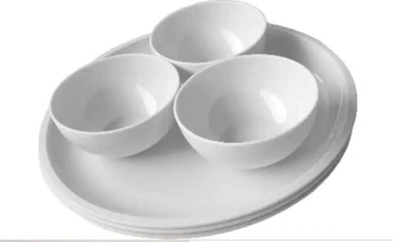 6 Pcs. Microwave Safe Standard Dinner Set with Unbreakable Round Full Plates and Bowls - Pack of 3 Plates and 3 Bowl Set (White)