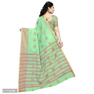 Vastra Factory Store Light Whigte Woman's Designer Silk New Linen Saree (Green With Golden Border)-thumb3