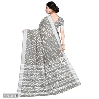 Vastra Factory Store Light Whigte Woman's Designer Silk New Linen Printed Saree (Grey)-thumb3