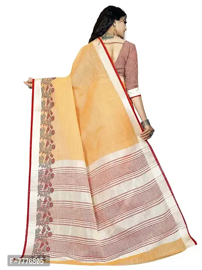 Vastra Factory Store Orange Color Cotton Linen Blend Saree With Full Original Embroidery Saree For Woman (Orange)-thumb3