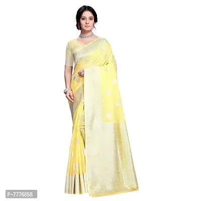 VASTRA-Factory Store Woven Banarasi Cotton Linen Blend Saree (Yellow)