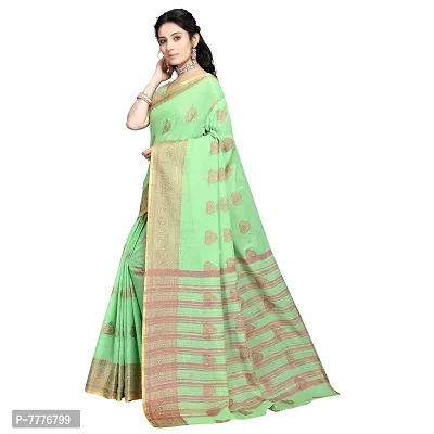 Vastra Factory Store Light Whigte Woman's Designer Silk New Linen Saree (Green With Golden Border)-thumb2