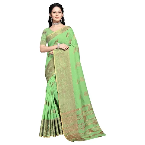 Vastra Factory Store Light Whigte Woman's Designer Silk New Linen Saree (Green With Border)