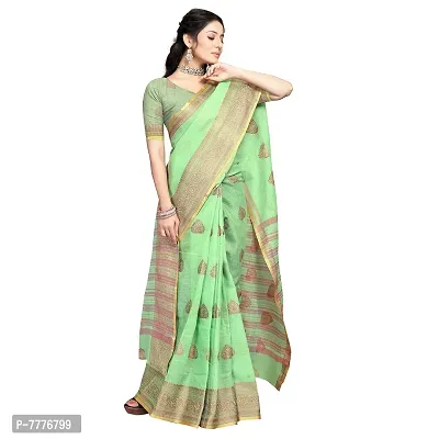 Vastra Factory Store Light Whigte Woman's Designer Silk New Linen Saree (Green With Golden Border)-thumb4