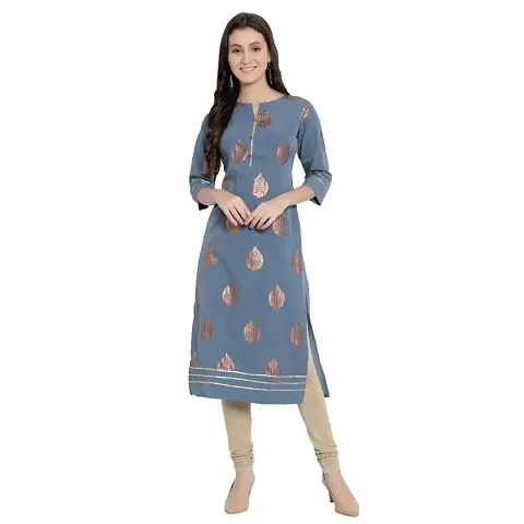 Women Trendy Foil Print Crepe Kurti With Lace Work (Blue)