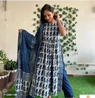 Attractive Blue Printed Rayon Kurta Pant Set With Dupatta