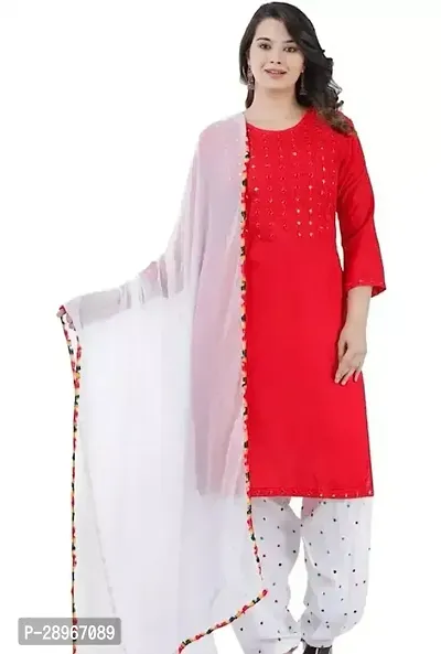 Attractive Red Embroidered Rayon Kurta Pant Set With Dupatta-thumb0