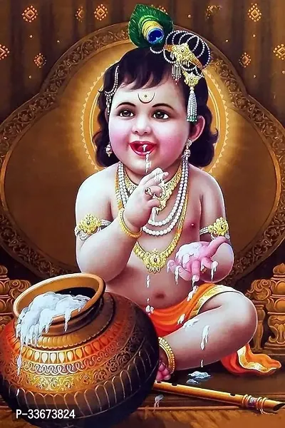 Akki Wold Baby Krishna with Makhan Poster for Pooja Mandir, Living Room, Bedroom, Kids Room, (Multicolor,Size-30 cm X 45 cm)-thumb0