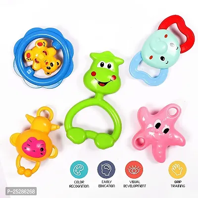 Baby Rattle Toy Set For Toddler Kids - Attractive, Cute, Colorful Rattles Teeth able Toy Set For Babies - Shake hands  follow the rhythm toys - Fine Motor Skills - Pack Of 5 Pieces-thumb0