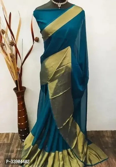 Stylish Blue Chiffon Printed Saree With Blouse Piece For Women-thumb0