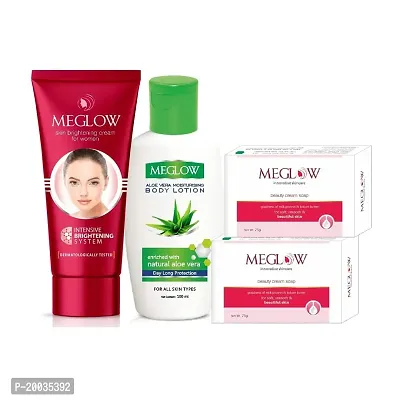 Meglow Women's Premium Fairness Face Cream 50g, (2) Beauty Soap  Aloevera Body Lotion 100ml Combo Pack 4