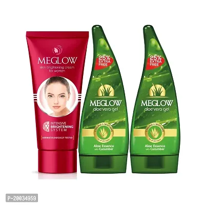 Meglow Skincare Combo Pack of 3-Aloevera Gel(2)125ml Each with Aloevera and Cucumber Extracts|Fairness cream for Women (50g) Enriched with Vitamin E|Paraben Free,for Nourishing  soothing-thumb0