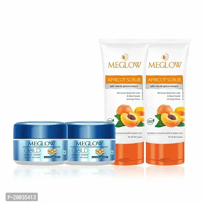 Meglow Skincare Combo Pack of 4- Gold Bleach Cream with Prompt Radiance ((2) 50g Each) And Apricot Scrub ((2) 70g Each) with Natural Apricot Extracts || Paraben Free || All Skin Type || For Smooth, Clean and Nourished Skin