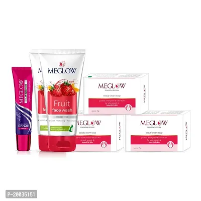 Meglow Skincare Combo Pack of 6, Beauty Soap ((3)75g) With Avocado Oil And Viatmin C| Fruit Facewash ((2)70g) With Natural Fruit Extracts| Lip Shiner (15g) With Almond Oil, Jojoba Oil and Vitamin E-thumb0