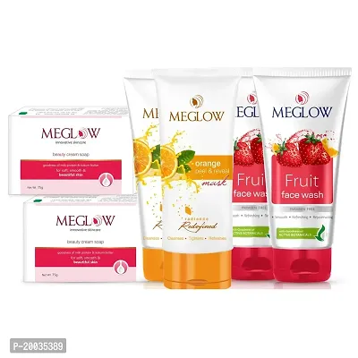 Meglow Skincare Combo Pack of 6- Orange Peel  Reveal Mask((2) 70g) Fruit Facewash((2) 70g) with Natural Fruit Extracts |Beauty Soap((2) 75g) Infused with Vitamin C|Paraben Free|For Nourished, Hydrated  Smooth Skin