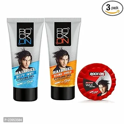 Rock on Men Combo Pack of 3- Stylish Soft Gel with Strong Hold Gel 60g Each | Hair Stylish Hair Wax 125g Non Sticky and Easy to Use and Easy Wash off