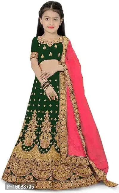 Raw silk readymade kids lehenga green and pink with patch work neck pa –  Cherrypick