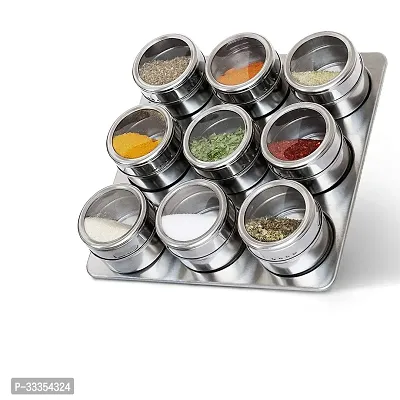 Useful Stainless Steel Round Storage Container Magnetic Spice Jars - Set of 9 Pieces