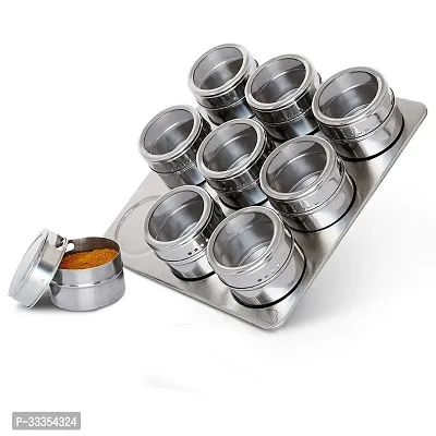 Useful Stainless Steel Round Storage Container Magnetic Spice Jars - Set of 9 Pieces-thumb2