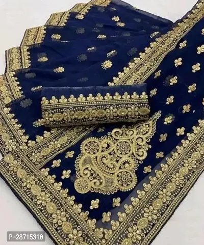 Stylish Blue Georgette Embroidered Saree With Blouse Piece For Women-thumb0