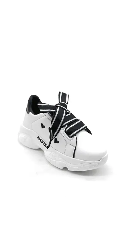 Stylish White Synthetic Leather Self Design Sneakers For Women And Girls