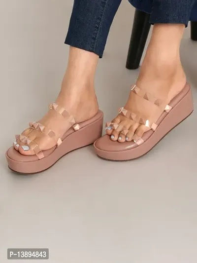 Studded Decor Sandals, Punk Peach Wedge Slide Sandals-thumb0