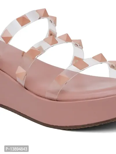 Studded Decor Sandals, Punk Peach Wedge Slide Sandals-thumb4