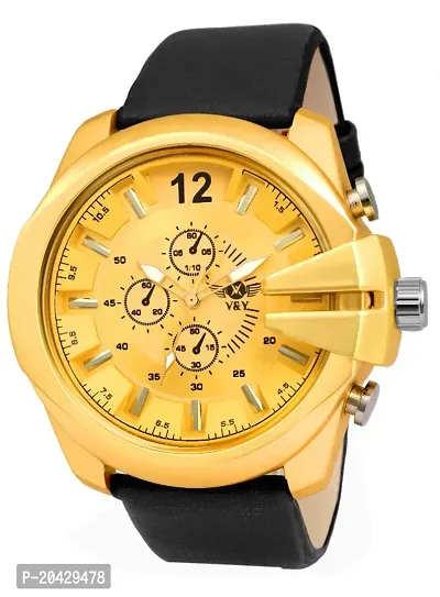 VY Unique Golden  Attaractive Dial with Black Leather Strap Analog Watch - For Men
