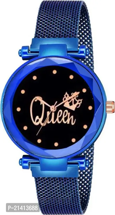 Stylish Attractive Studded Black Queen Dial With Stylish Magnet Strap Blue Analog Watch For Girls  Women-thumb0