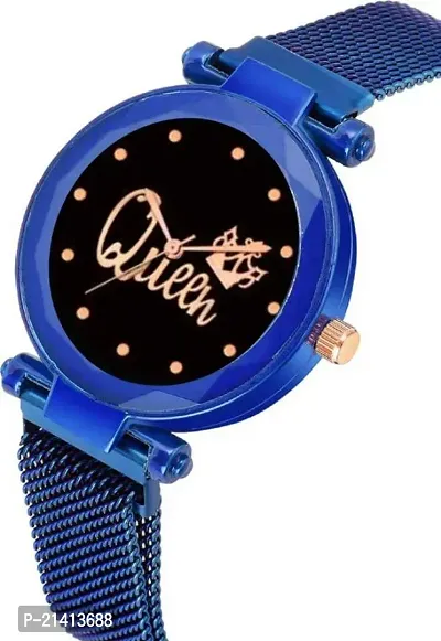 Stylish Attractive Studded Black Queen Dial With Stylish Magnet Strap Blue Analog Watch For Girls  Women-thumb2