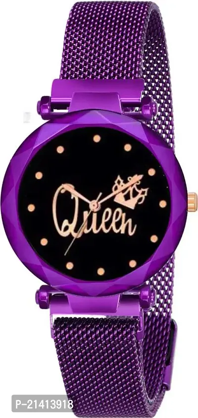 Unique Design Studded Black Queen Dial With Stylish Magnet Strap Purple Analog Watch For Girls Women-thumb0