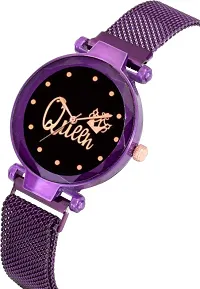 Unique Design Studded Black Queen Dial With Stylish Magnet Strap Purple Analog Watch For Girls Women-thumb1