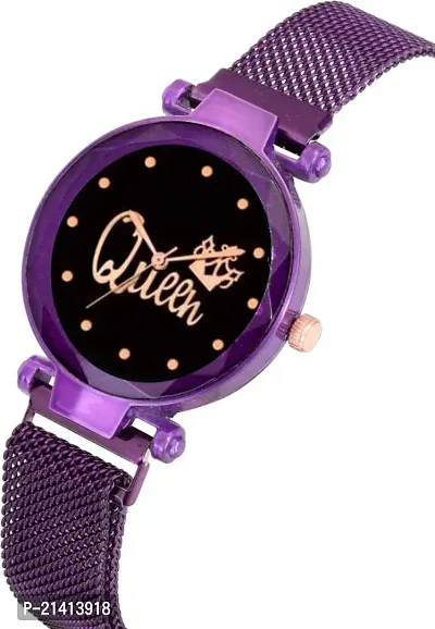 Unique Design Studded Black Queen Dial With Stylish Magnet Strap Purple Analog Watch For Girls Women-thumb2