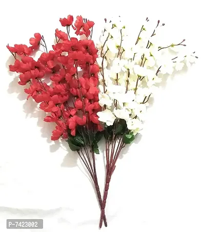 Artificial Flowers for Home Decoration Cherry Blossom Flower Bunch for Vase (Red White 2)