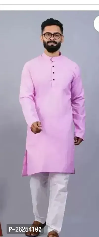 Reliable Pink Cotton Blend Solid Kurta with Pajama Set For Men-thumb0