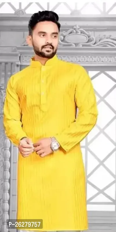 Reliable Yellow Cotton Blend Solid Kurta For Men-thumb0