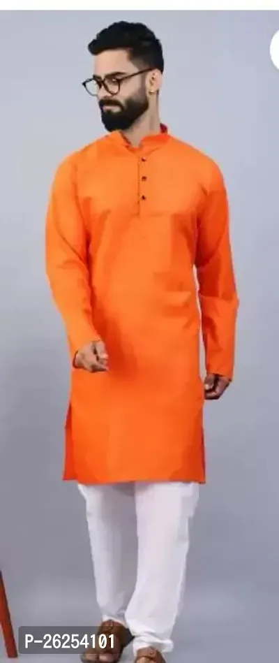 Reliable Orange Cotton Blend Solid Kurta with Pajama Set For Men