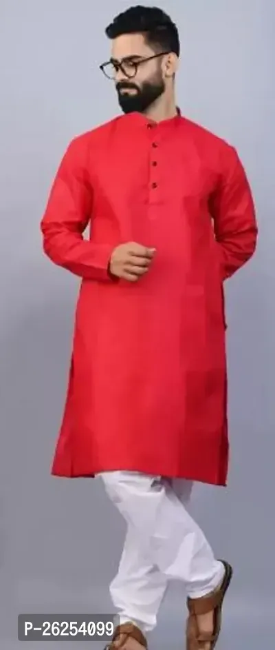 Reliable Red Cotton Blend Solid Kurta with Pajama Set For Men