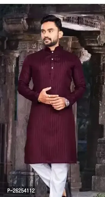 Reliable Maroon Cotton Blend Solid Kurta with Pajama Set For Men-thumb0