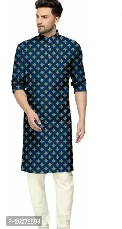 Reliable Blue Cotton Blend Printed Kurta For Men-thumb0